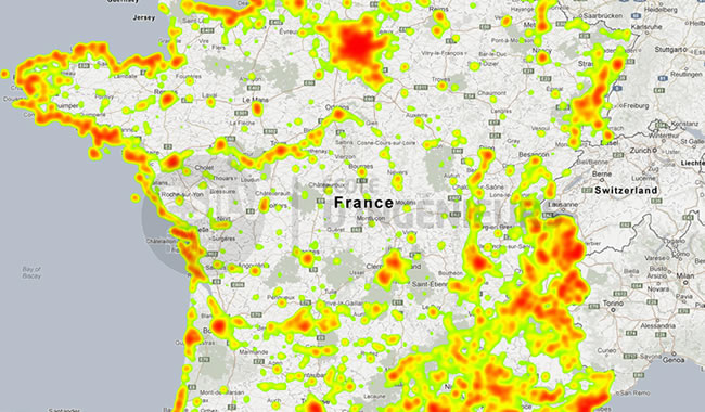 zones touristiques en France identifiées par la densité des photos uploadées sur flickr