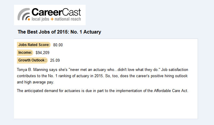 Le métier d'actuaire est classé n°1 en 2015 aux Etats Unis parmi les métiers qui ont notamment le plus de potentiel de progression